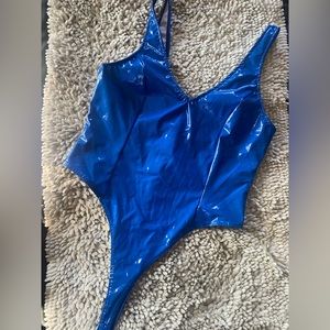 AKIRA Royal Blue Faux leather 1 piece latex look Bodysuit. Pole exotic dance